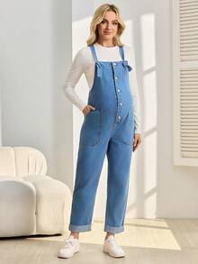 SHEIN Maternity Solid Color Denim Bib Pants And Jumpsuit - Blue - View 3