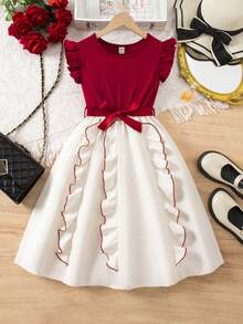 SHEIN Girls' Elegant Dress, Round Neck Ruffle Sleeve, Wavy Front Skirt, Charming Style, Suitable For Party, Casual, Gift, Spring/Summer - Red and White - View 1