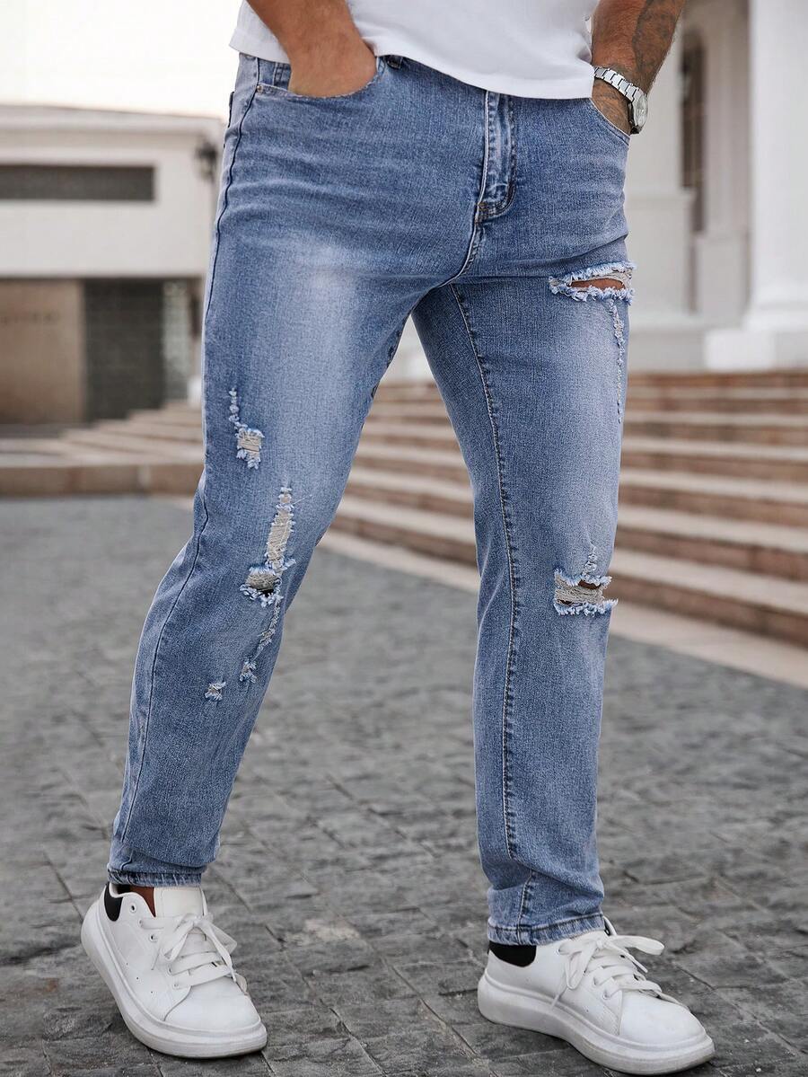 Manfinity LEGND Quần jeans nam dáng skinny rách có túi, quần jeans phong cách đường phố, quần jeans rách nam, quần jeans nam, quần jeans rách, quần jeans rách cho nam. - Rửa nhẹ - Xem 1