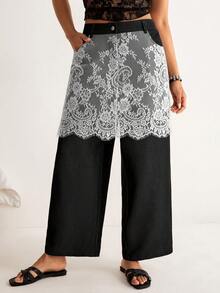 Freevana Pantalon casual à jambes larges avec poches et dentelle contrastée pour femmes grandes tailles - Noir et Blanc - Voir 4