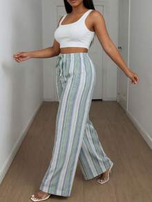 Maweii Quần ống rộng kẻ sọc dáng suông thoải mái dành cho nữ cỡ lớn, có dây rút. - Nhiều màu - Xem 3