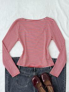 Teen Girls Striped Contrast Lace Casual Versatile Daily Wear Long Sleeve T-Shirt - Red and White - View 2