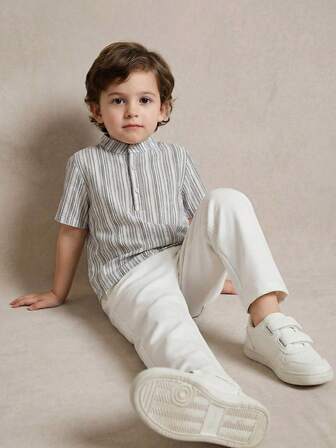 PrepCrw 2pcs Young Boys Elegant Urban School Style Black & White Striped Collar Short Sleeve Top And White Pants Set, Versatile For Casual, Outings, Gatherings, Festivals, Spring & Summer