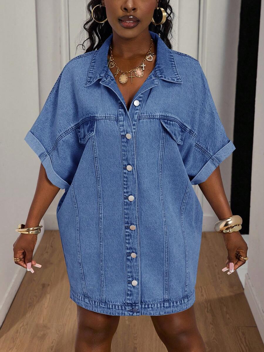 Slaydiva Plus Size Denim Backless Camisole Dress - Medium Wash - View 1