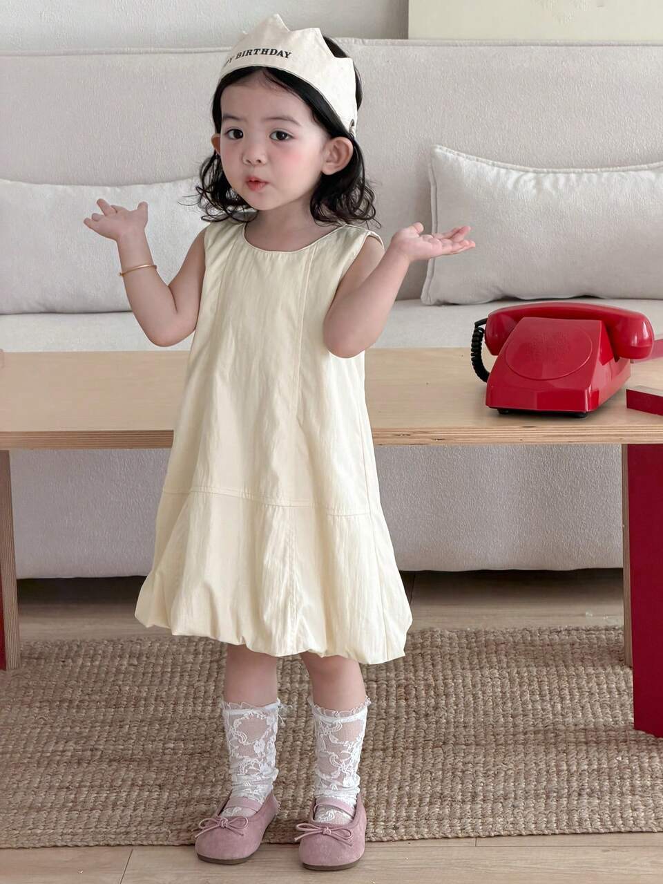 Baby Girl Round Neck Solid Color Korean Style Sleeveless Dress, Spring/Summer