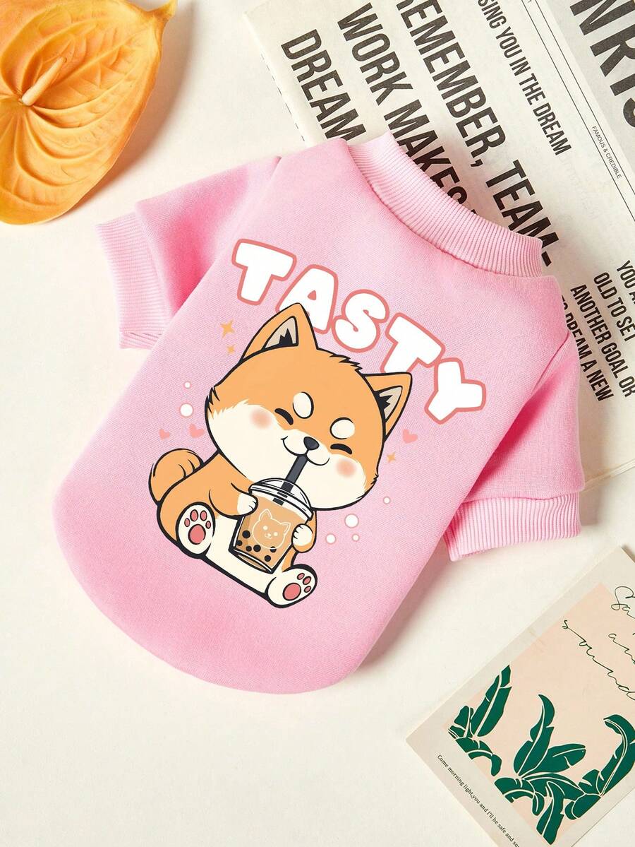 PETSIN 1件柴犬字母印花宠物喝奶茶图案秋冬粉色加厚保暖宠物服装 - 粉色 - 查看 1