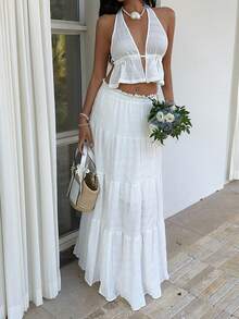Sunnyshic 2pcs/Set Women's White Bubble Textured Deep V-Neck Halter Backless Crop Top And High Waist Ruffle Hem Loose Skirt, Elegant Romantic Vacation Party Minimalist Casual Outfit - White - View 6