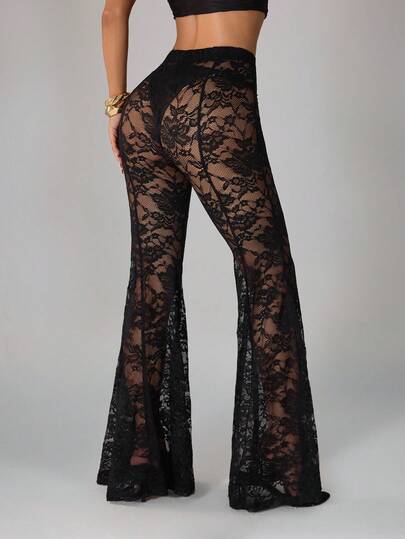 SHEIN PETITE Women's Black Sexy Lace Night Out/Rave Party/Club Wear/Bachelor Party/Theme Party See-Through Lace Flared Pants/70s /Black Pants Sheer Pants Cover Up Pants See Through Pants Lace Leggings Swimsuit Cover Up Pants