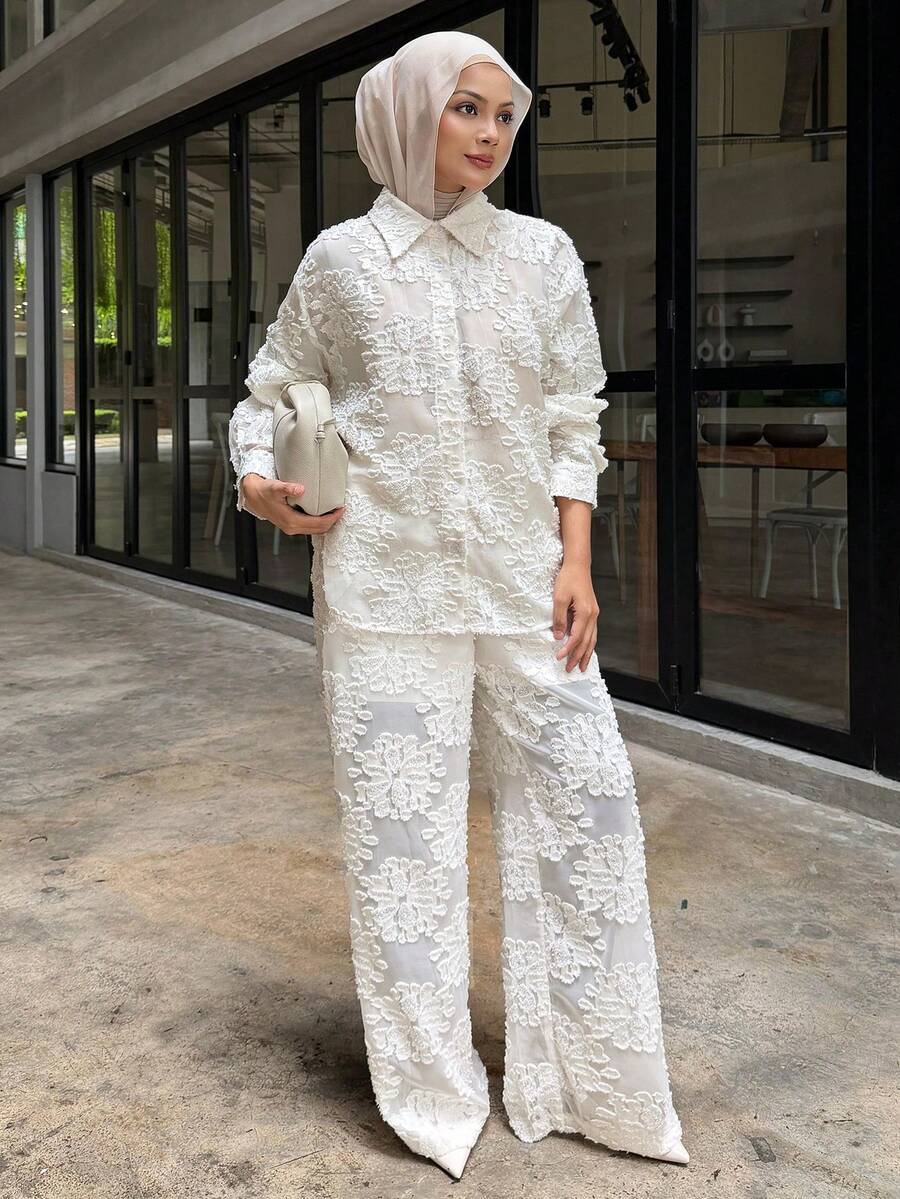 DAZY Women's Collared Jacquard Single-Breasted Long Sleeve Top And Wide-Leg Pants Fashion Casual Outfit - White - View 1