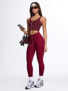 Eassivo Eassivo Women's Burgundy High-Waisted Ruched Drawstring Leggings,Burgundy Leggings - Maroon - View 5