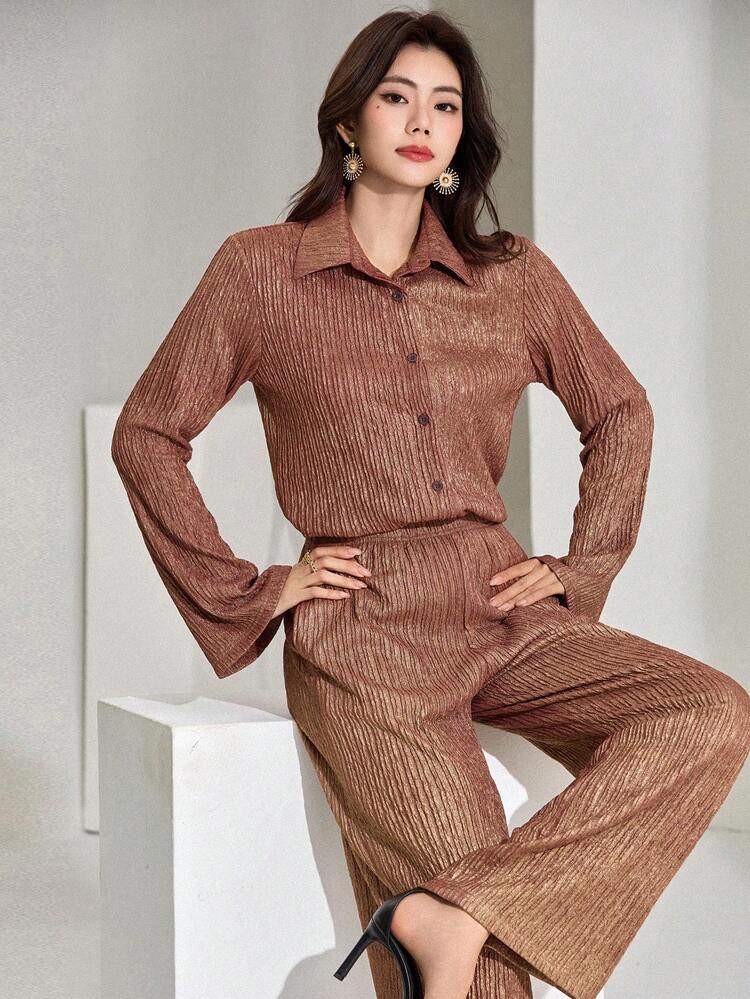 Spring/Summer Elegant Office Lady Loose Shirt And Straight Leg Pants Set, Stylish Commuter Outfit, Old Money Luxury Women 2 Pieces Suit