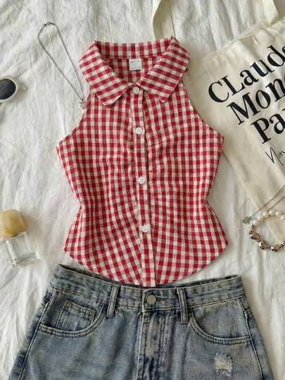 Camisa corta sin mangas con cuello halter, botones y estampado a cuadros rojos, estilo dulce y lindo para vacaciones francesas en primavera/verano para niñas (talla grande)