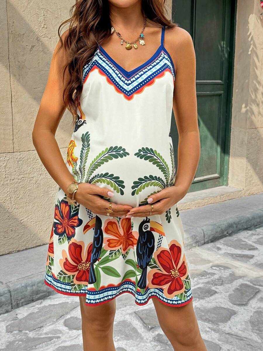 SHEIN Pregnant Women's Palm Tree Print Casual Sleeveless Dress - Multicolor - View 1