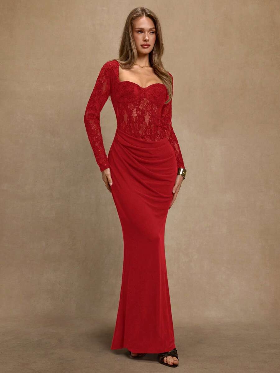 SHEIN BAE 长袖棕色蕾丝拼接网纱鱼尾下摆优雅女式连衣裙，适合鸡尾酒会、浪漫约会、秋冬内搭连衣裙、派对、正式聚会、夜间外出、圣诞节等场合，棕色连衣裙 - 紅色 - 查看 1