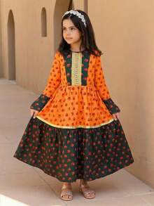 SHEIN Vestido de manga larga con estampado de rosa sudanesa de color contrastante y patchwork floral para niñas, vestido tradicional para fiestas y vacaciones - Amarillo - Ver 6
