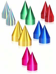 Set Topi Kerucut Pesta Metalik 6 atau 10 Buah Warna Emas Perak Biru Hijau Fuchsia Merah Warna-warni Mengkilap untuk Pesta Ulang Tahun Dewasa, Wisuda, dan Pesta Lajang - MultiWarna - View 6