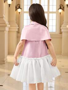 Young Girl Light Pink Summer 7th Birthday Princess Dress Set,Delicate Lace Applique 3D Flower Collar Capelet & Ruched Organza Flared Dress,2pcs Kids - Pink - View 2