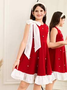 Serisse Kids Robe élégante à encolure ronde avec nœud papillon, décoration de perles et ourlet à volants contrastés pour la taille. Tenue assortie pour sœurs - Rouge - Voir 6