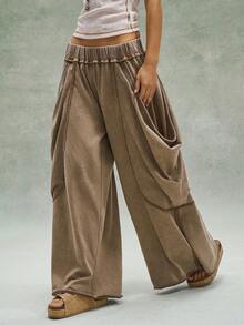 Bohemela Women's Casual Solid Color Knit Loose Wash Pants Baggy Cargo - Brown - View 7