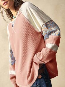 Bohemela 女士休闲针织拼接圆领长袖宽松上衣 - 紅色 - 查看 2