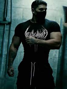 Manfinity Sport PWRUP Men's Letter Print T-Shirt And Shorts Sports Suit Gym Dress For Men Gym T Shirts Men Gym Set Workout Set Compression Shirt Men - Black - View 3