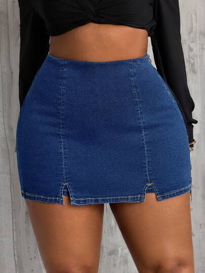 SHEIN SXY Plus Size Women's Fashion Casual Denim Shorts With Side Slit