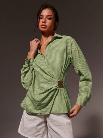 Athîral 女士条纹落肩长袖褶皱休闲衬衫