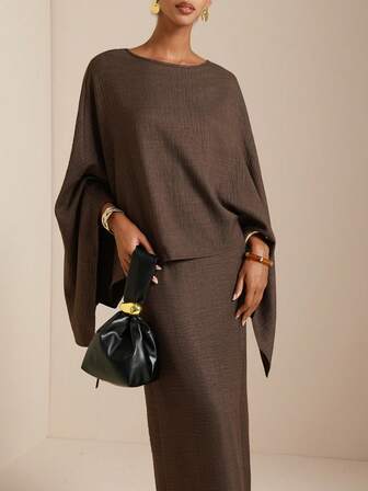 SHEIN Veneréa 女士纯色罩衫+高开衩裙两件套