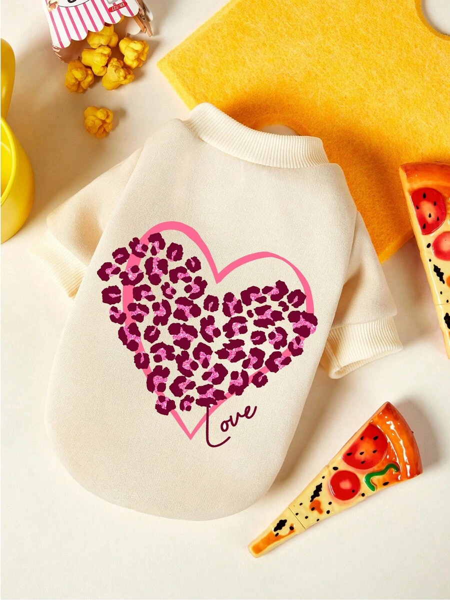 PETSIN 1 件豹纹包裹情书情人节印花宠物米色秋冬加厚保暖休闲宠物服装 - 米色 - 查看 1