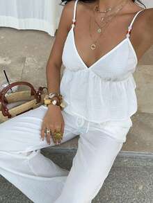 Sunnyshic 2pcs/Set Women's White Cotton Pleated Plaid V-Neck Backless Bow Decor Ruffle Hem Vest And High Waist Straight Leg Wide Leg Pants, Elegant Casual Beach Holiday Outfit, Spring/Summer - White - View 7