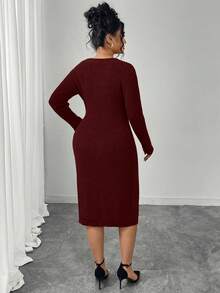 Elenzga Plus Size Women Hollow Out Solid Color Crew Neck Sweater Dress - Red - View 2