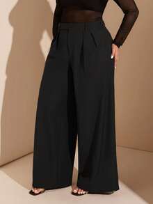 SHEIN BAE Pantaloni larghi asimmetrici in vita di colore marrone cioccolato, eleganti per feste, uscite serali e casual, adatti per donne curvy e taglie forti. Pantaloni da lavoro di classe per donne taglie forti, ideali per l'autunno. - nero - Visualizzare 3