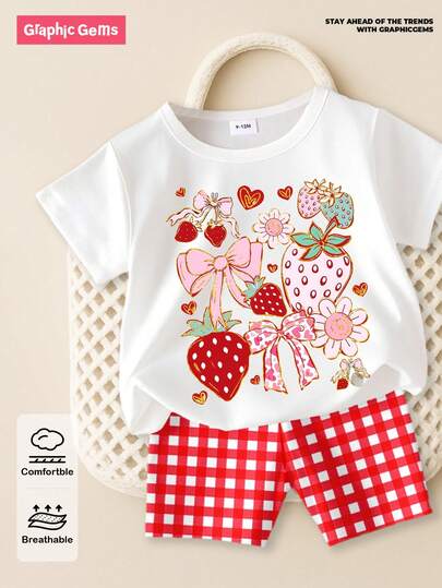SHEIN GraphicGems 2 件套女婴装，甜美可爱草莓、蝴蝶结、花卉印花短袖 T 恤和红白格子印花短裤套装，适合夏季外出
