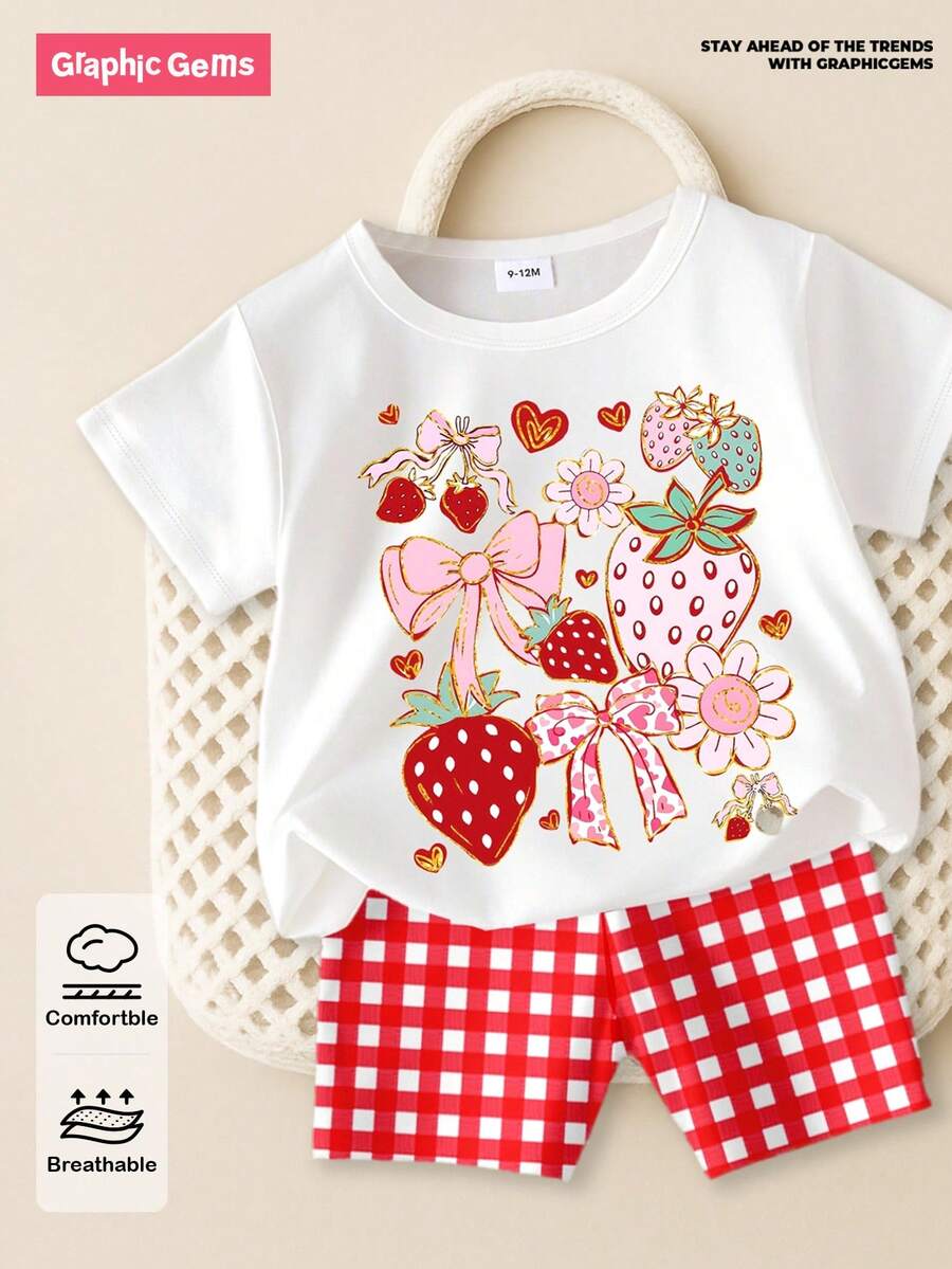 SHEIN GraphicGems 2 件套女婴装，甜美可爱草莓、蝴蝶结、花卉印花短袖 T 恤和红白格子印花短裤套装，适合夏季外出 - 彩色 - 查看 1