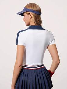 CourtClass 女士运动瑜伽户外健身Polo衫，撞色领口和肩部条纹