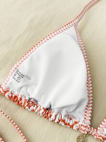 SHEIN 少女复古印花细肩带比基尼套装，杏色针织纹理贝壳装饰挂脖三角比基尼套装，夏季沙滩金色吊坠随机印花沙滩装泳衣，夏季 - 紅色 - 查看 8