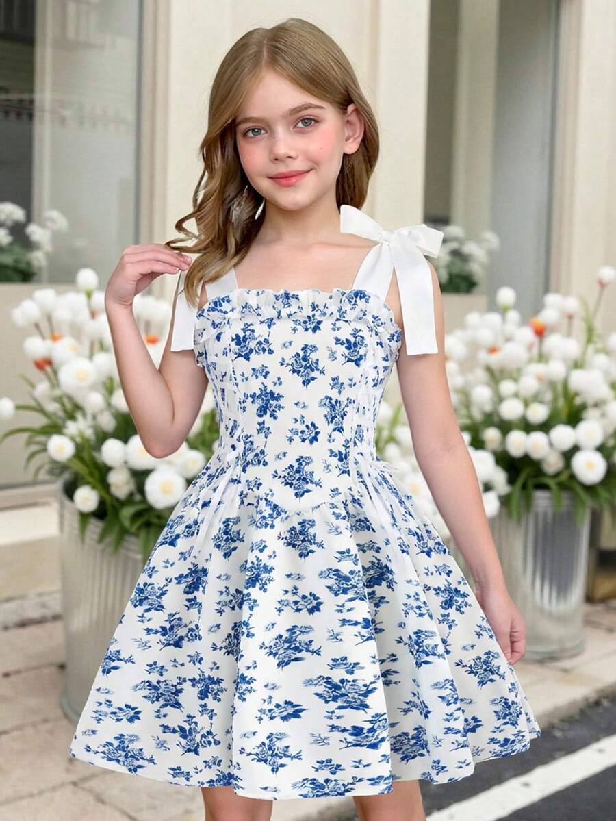 SHEIN 少女优雅甜美蝴蝶吊带印花吊带裙 - 藍色 - 查看 1