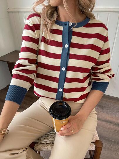 Vivie Lora Women's Striped Print Contrast Trim Round Neck Button Front Long Sleeve Sweater