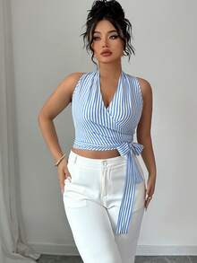 SHEIN Elenzya Large-Sized Woven Striped Casual Summer Halter Tops And Vests - Blue - View 3