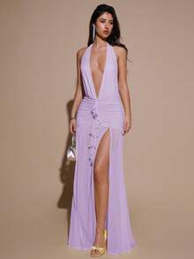 SHEIN BAE 性感简约纯色黄色奶油色深V领露背修身褶皱网纱长款连衣裙，适合派对、鸡尾酒会、正式场合、伴娘、生日、圣诞节、商务休闲等场合，优雅女装 - 淡紫色 - 查看 4