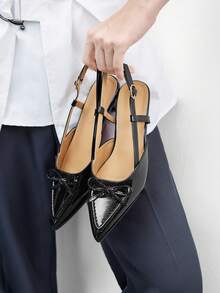 CUCCOO BIZCHIC 1 par de zapatos tipo mula de punta afilada con hebilla de material perlado y diseño de lazo en la correa trasera, adecuados para fiestas, uso diario y fotografía - Negro - Ver 5
