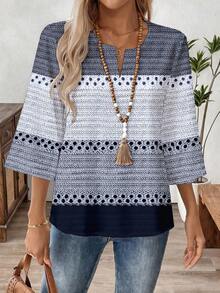 EMERY ROSE Women's 3/4 Sleeve V-Neck Work Blouse, Spring/Autumn - Multicolor - View 4