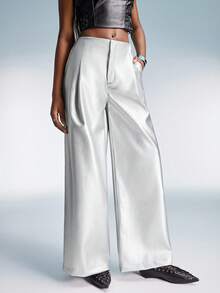 GENKIRA 女士PU材质，复古美式设计，收腰宽松休闲百搭阔腿直筒裤 - 銀色 - 查看 5