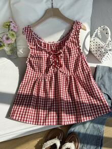 Comfortcana Áo hai dây kẻ caro đỏ trắng phong cách nghỉ dưỡng ngọt ngào cỡ lớn có nơ trang trí, mùa xuân/hè - Đỏ và trắng - Xem 6