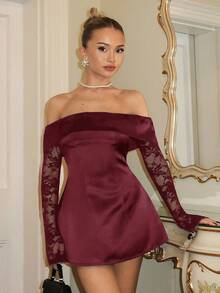 Glamine Charm Đầm ngắn ren phối trễ vai thanh lịch dành cho nữ, thích hợp cho tiệc sinh nhật, tựu trường, dạ hội tốt nghiệp, họp mặt chị em, tiệc trà chiều. - Màu Đỏ Sâu - Xem 5