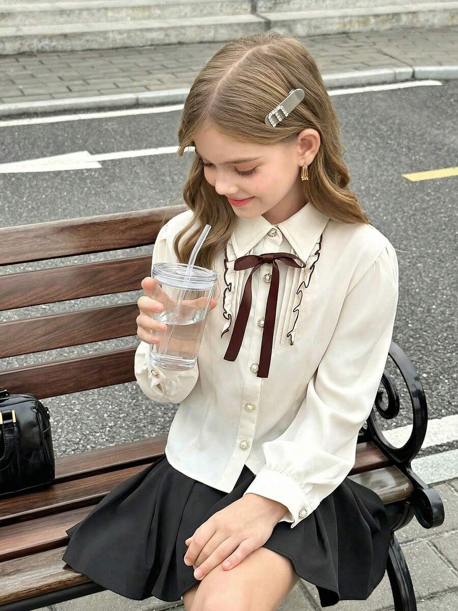 Serisse Kids 少女休闲优雅法式时尚荷叶边撞色蝴蝶结灯笼袖长袖衬衫,适合日常穿着、返校季和春季穿着。 - 卡其色 - 查看 1