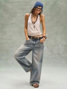 Bohemela Carnival Boho Vacation Valentine's Day Music Festival Casual Y2K Washed Loose Straight Leg Women Jeans, Spring/Summer - Blue - View 8