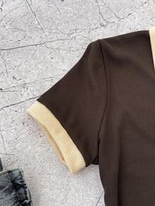 SHEIN Vestido ajustado de punto acanalado con cuello de contraste personalizado, botones y bordado de mariposa para niña preadolescente en marrón y albaricoque, vestidos de verano - Marrón - Ver 5