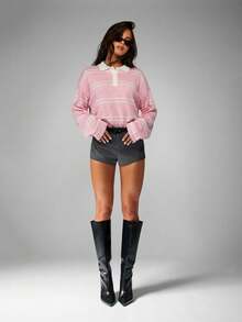 MISSGUIDED 条纹橄榄球针织毛衣，翻领半扣设计，秋冬套头衫 - 粉色 - 查看 3