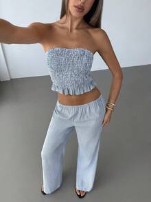 Aloruh Women's Vacation Striped Tube Top And Pants Fashion 2 Pieces Set - Coffee Brown - View 1